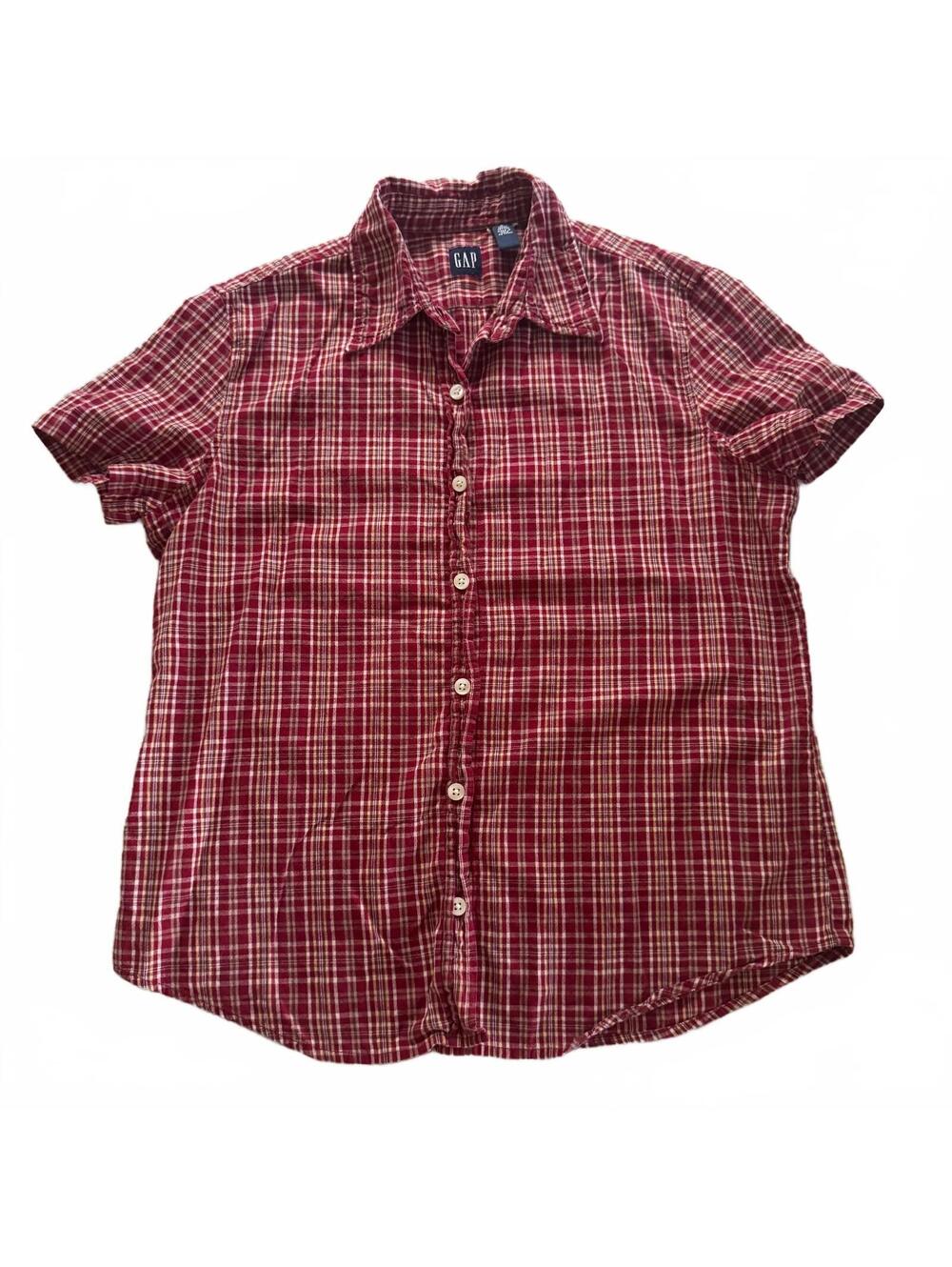 Vtg 90s Gap Plaid Button Down Shirt Womens Medium Red Cotton Short Sleeve Y2K